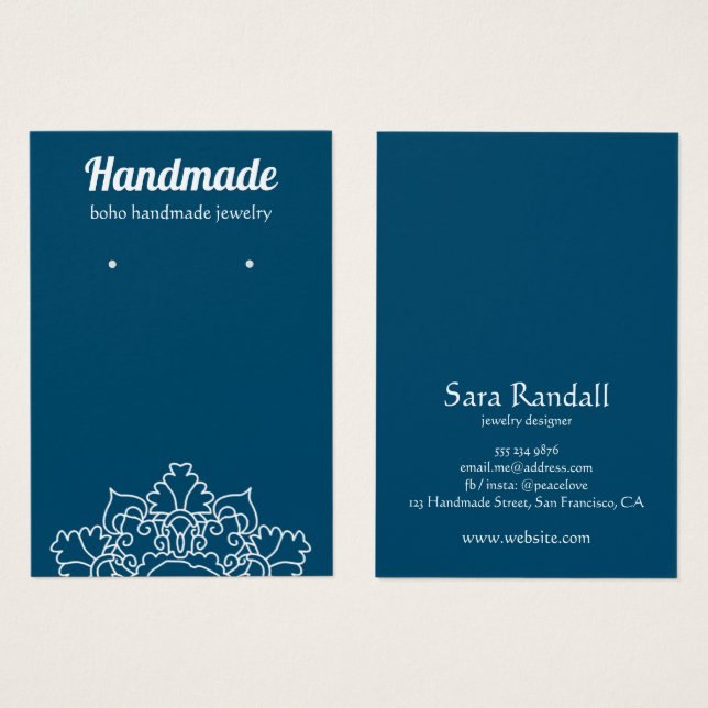 Boho White Mandala Mörk Teal Earring Visning Visitkort (Framsida & baksida)