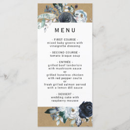 Boho White Navy Peony Faux Brown Kraft Bröllop Meny