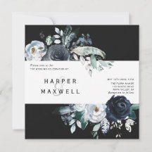 Boho White Navy Peony Kraft Bröllop Square Black