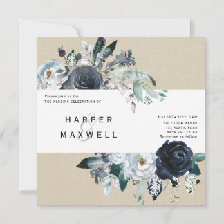 Boho White Navy Peony Kraft Bröllop Square Inbjudningar