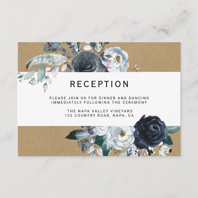 Boho White Navy Peony Kraft Wedding Reception Tilläggskort (Framsida)
