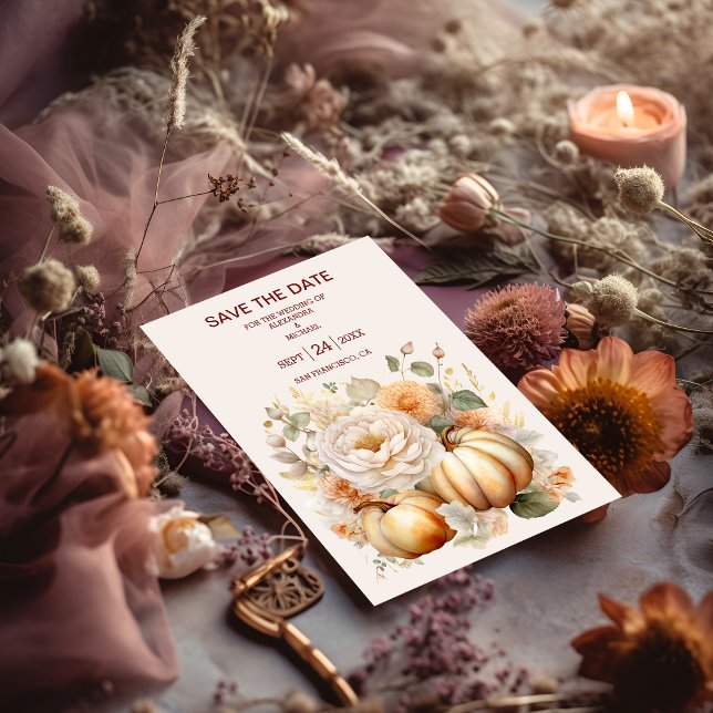 Boho White och Guld Glitter Pumpkins Bröllop Spara Datumet (Skapare uppladdad)