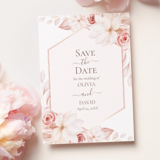 Boho White och Rosa ros Spara datumkortet Inbjudningar (Boho White and Pink Roses Save the Date Card on pink table with pale pink peonies.)