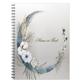 Boho White Orchid Flowers Blue Måne Elegant Anteckningsbok