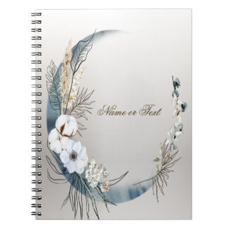 Boho White Orchid Flowers Blue Måne Elegant Anteckningsbok
