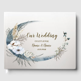 Boho White Orchid Flowers Blue Måne Elegant Party Gästböcker