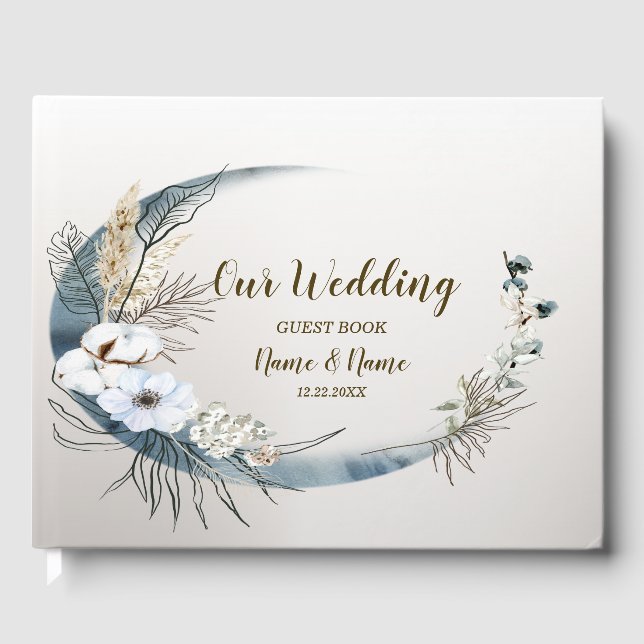 Boho White Orchid Flowers Blue Måne Elegant Party Gästböcker (Framsida)