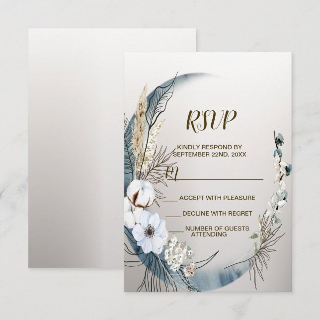 Boho White Orchid Flowers Blue Måne Elegant Party OSA Kort (Fram/baksida)