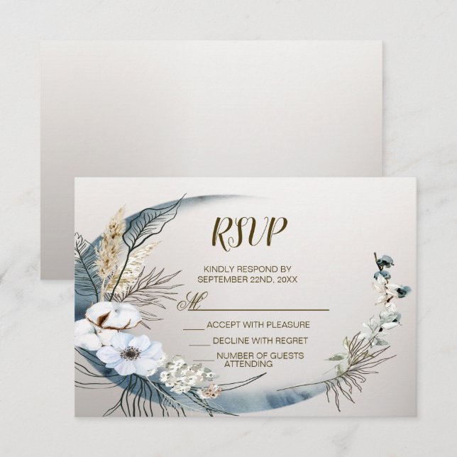 Boho White Orchid Flowers Blue Måne Elegant Party OSA Kort (Fram/baksida)