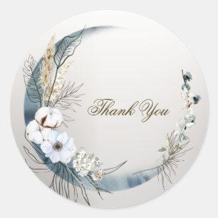 Boho White Orchid Flowers Blue Måne Elegant Party Runt Klistermärke