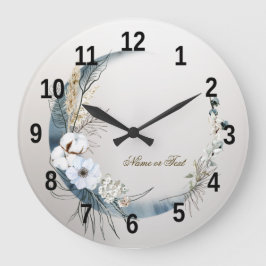Boho White Orchid Flowers Blue Måne Elegant Stor Klocka