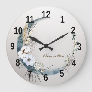 Boho White Orchid Flowers Blue Måne Elegant Stor Klocka