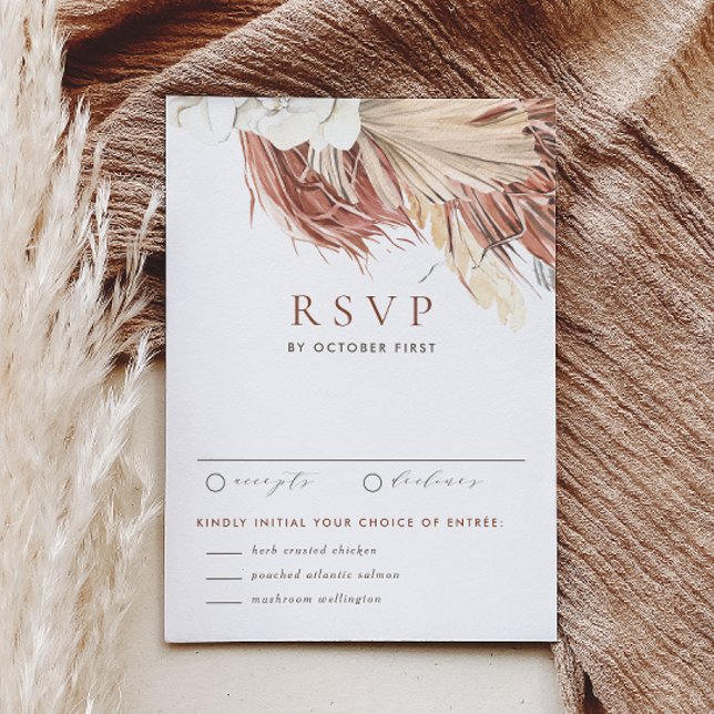 Boho White Orchids och Torkade Handflatan Löven Br OSA Kort (This RSVP card features watercolor florals including pampas grass, dried palm leaves, and orchids.)