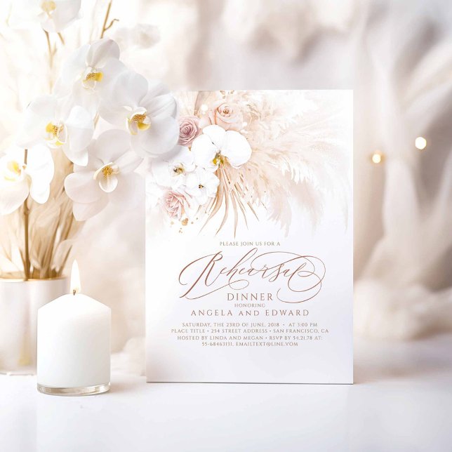Boho White Orchids Pampas Grass Rehearsal Middag Inbjudningar (White Orchids Boho Rehearsal Dinner Invitations)