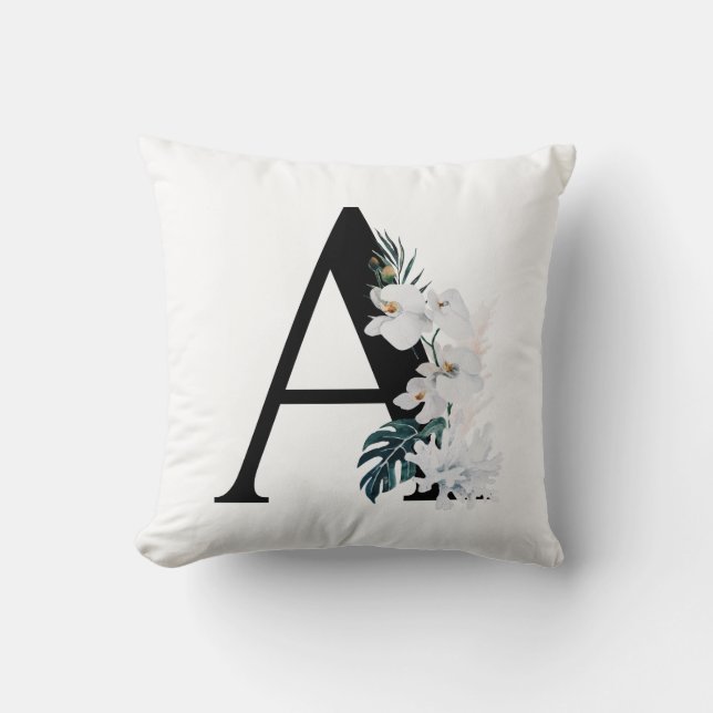 Boho White Orchids Tropical Brev A Monogram Kudde (Framsida)