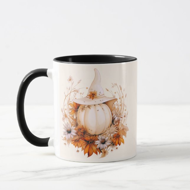 Boho White Pumpkin och Flowers Cream Halloween Mugg (Vänster)