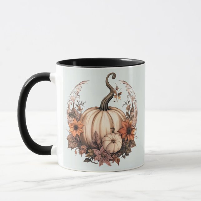 Boho White Pumpkins and Flowers Grönt Halloween Mugg (Vänster)