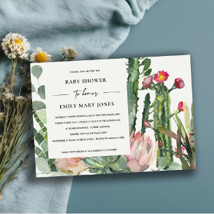 BOHO WHITE ROSA BLOMMIGT CACTUS FOLIAGE BABY SHOWE INBJUDNINGAR