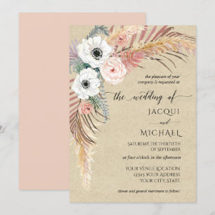 Boho White Rosa Blommigt Pampas Grass Foliage Kraf Inbjudningar