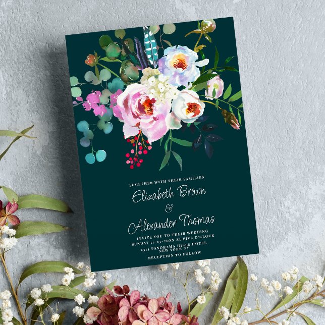 Boho white rosa Forest grönt peony blommigt bröllo Inbjudningar (Boho white pink forest green peony floral wedding)