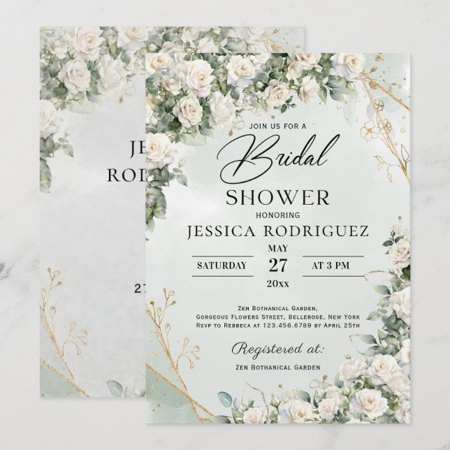 Boho White Roses Greenery Bridal Shower Invitation Inbjudningar (Fram/baksida)