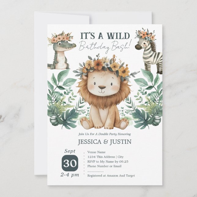 Boho Wild One Lion Dubbel Barnkalas Inbjudningar (Framsida)