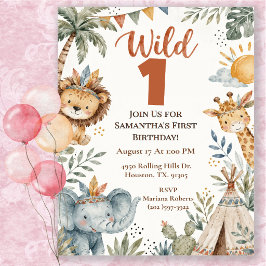 Boho Wild One Safari Födelsedagsfest Inbjudningar