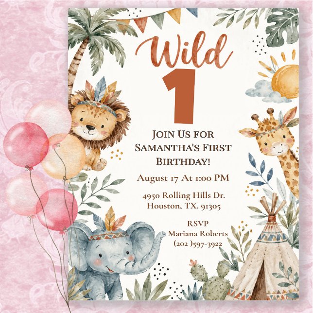 Boho Wild One Safari Födelsedagsfest Inbjudningar (Skapare uppladdad)