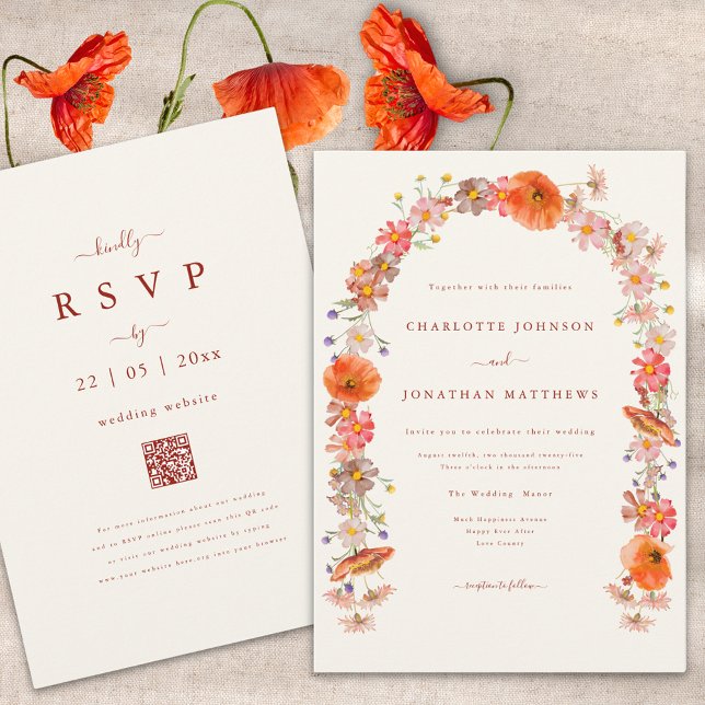 Boho Wildblomarch Fall Wedding Inbjudningar (Boho wildflower arch fall wedding invitation with burnt orange script and qr code)