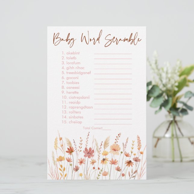 Boho WildblomBaby Shower Ord Scramble Game (Stående Fram)