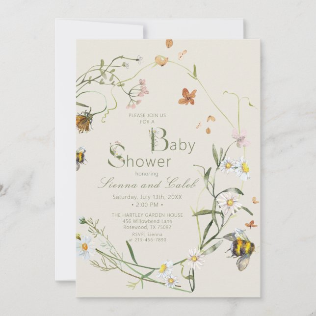 Boho WildblomBee Beige Baby Shower Inbjudningar (Framsida)