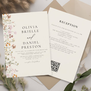 Boho WildblomBeige All in One QR Code Bröllop Inbjudningar