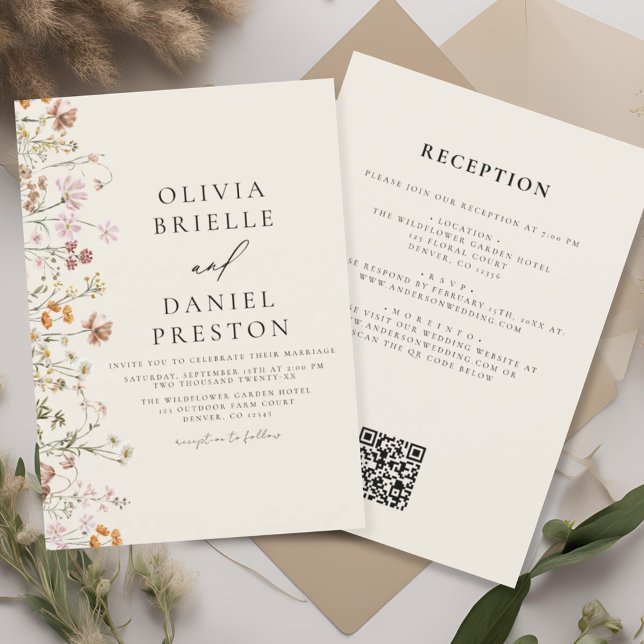 Boho WildblomBeige All in One QR Code Bröllop Inbjudningar (Skapare uppladdad)