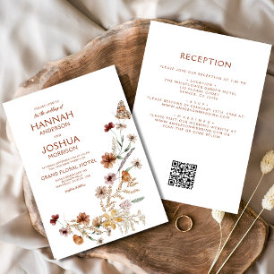 Boho WildblomBeige All in One QR Code Bröllop Inbjudningar