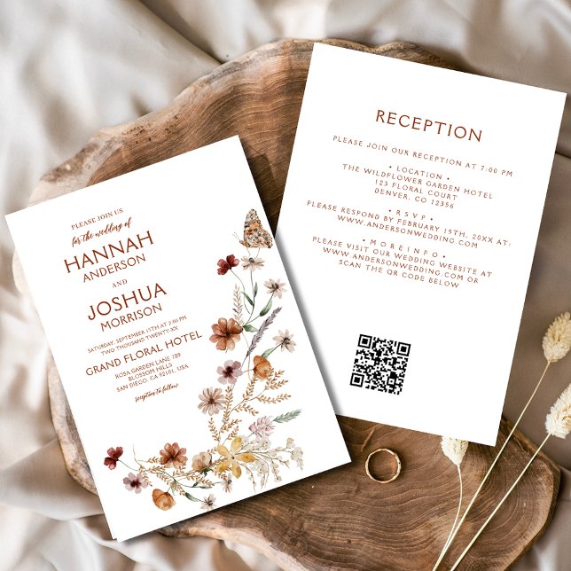 Boho WildblomBeige All in One QR Code Bröllop Inbjudningar (Skapare uppladdad)