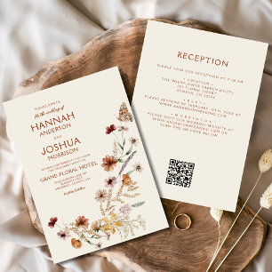 Boho WildblomBeige All in One QR Code Bröllop Inbjudningar