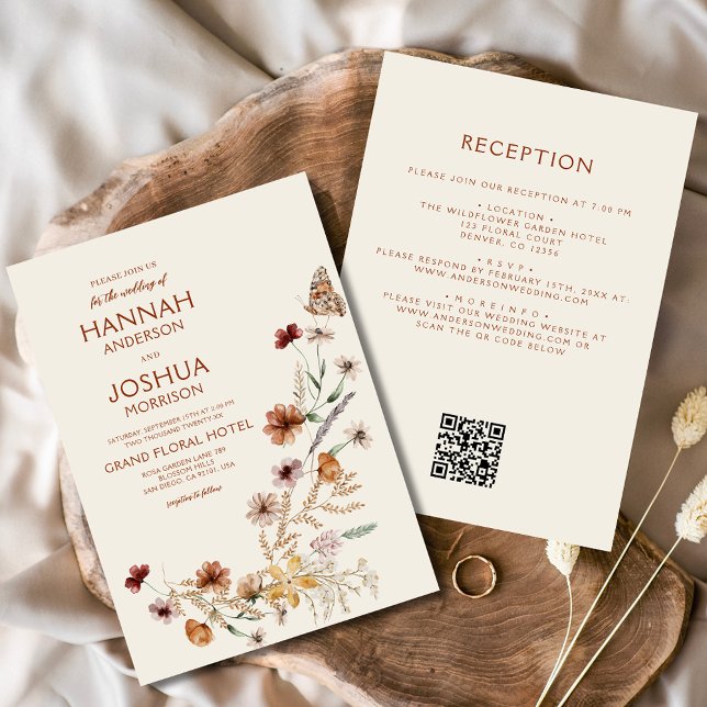 Boho WildblomBeige All in One QR Code Bröllop Inbjudningar (Skapare uppladdad)