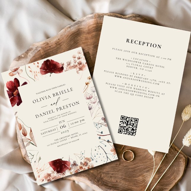 Boho WildblomBeige All in One QR Code Bröllop Inbjudningar (Skapare uppladdad)