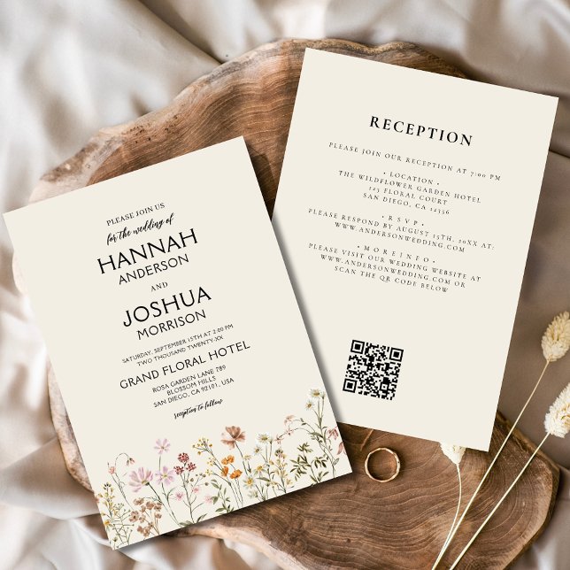 Boho WildblomBeige All in One QR Code Bröllop Inbjudningar (Skapare uppladdad)