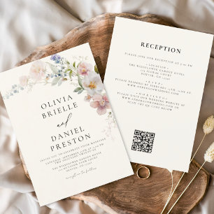 Boho WildblomBeige All in One QR Code Bröllop Inbjudningar