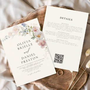 Boho WildblomBeige All in One QR Code Bröllop Inbjudningar