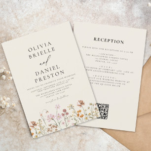 Boho WildblomBeige All in One QR Code Bröllop Inbjudningar