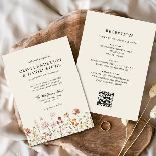 Boho WildblomBeige All in One QR Code Bröllop Inbjudningar