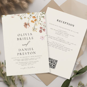 Boho WildblomBeige All in One QR Code Bröllop Inbjudningar