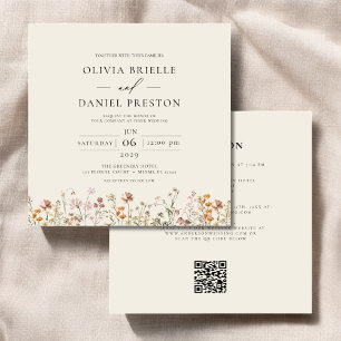 Boho WildblomBeige All in One QR Code Bröllop Inbjudningar