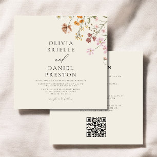 Boho WildblomBeige All in One QR Code Bröllop Inbjudningar