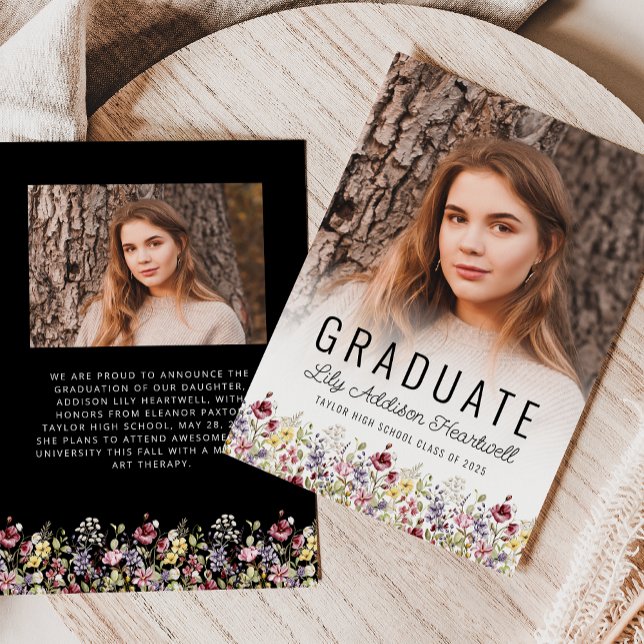 Boho WildblomBlack Photo Grad Announcement Inbjudningar (Skapare uppladdad)
