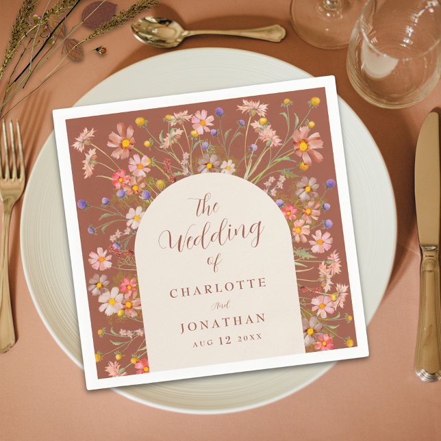 Boho WildblomBlommigt Arch Terracotta Bröllop Pappersservett (Boho fall rustic wildflower floral arch terracotta and beige wedding custom napkin Modern elegant)