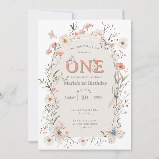 Boho WildblomBlommigt Baby Birthday Inbjudningar (Framsida)