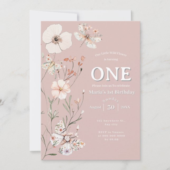 Boho WildblomBlommigt Baby Birthday Inbjudningar (Framsida)